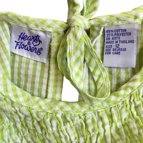 Vintage Hearts & Flowers Smocked Green/white Gingham Sundress Ties at Back Sz 12 - Picture 9 of 15